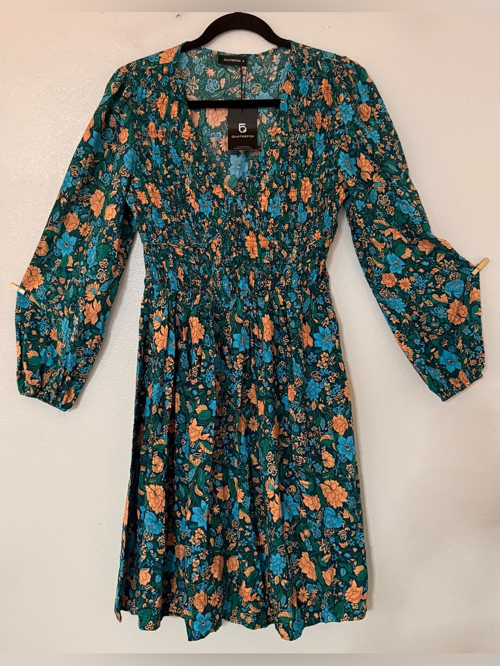 NWT Quatrefox M Floral Smocked Mini Dress Teal Blue Balloon Sleeve